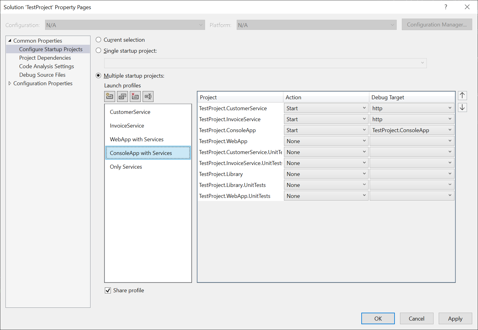 Configure Startup Profiles dialog