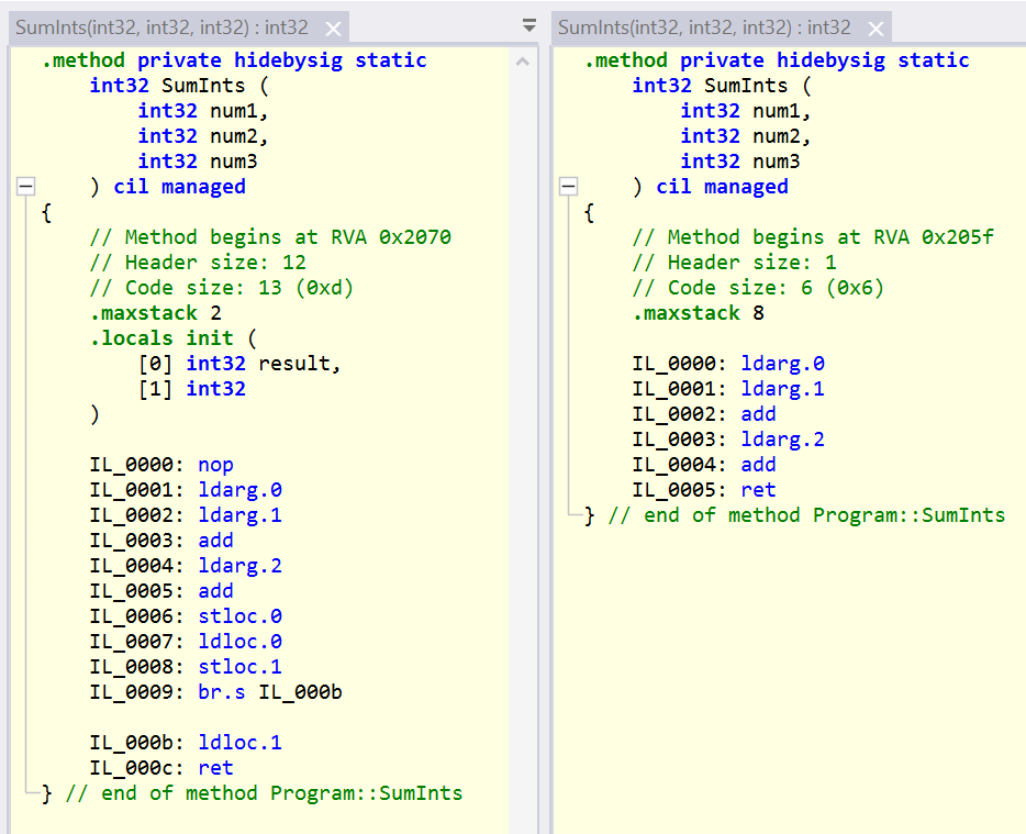 A screenshot of IL showing the comparison of a method in debug and release builds