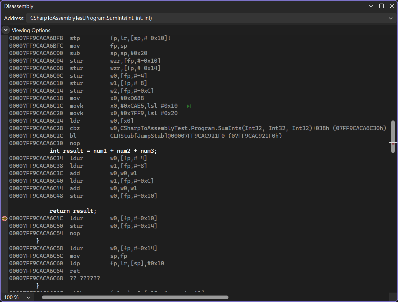 A screenshot of the Disassembly window in Visual Studio