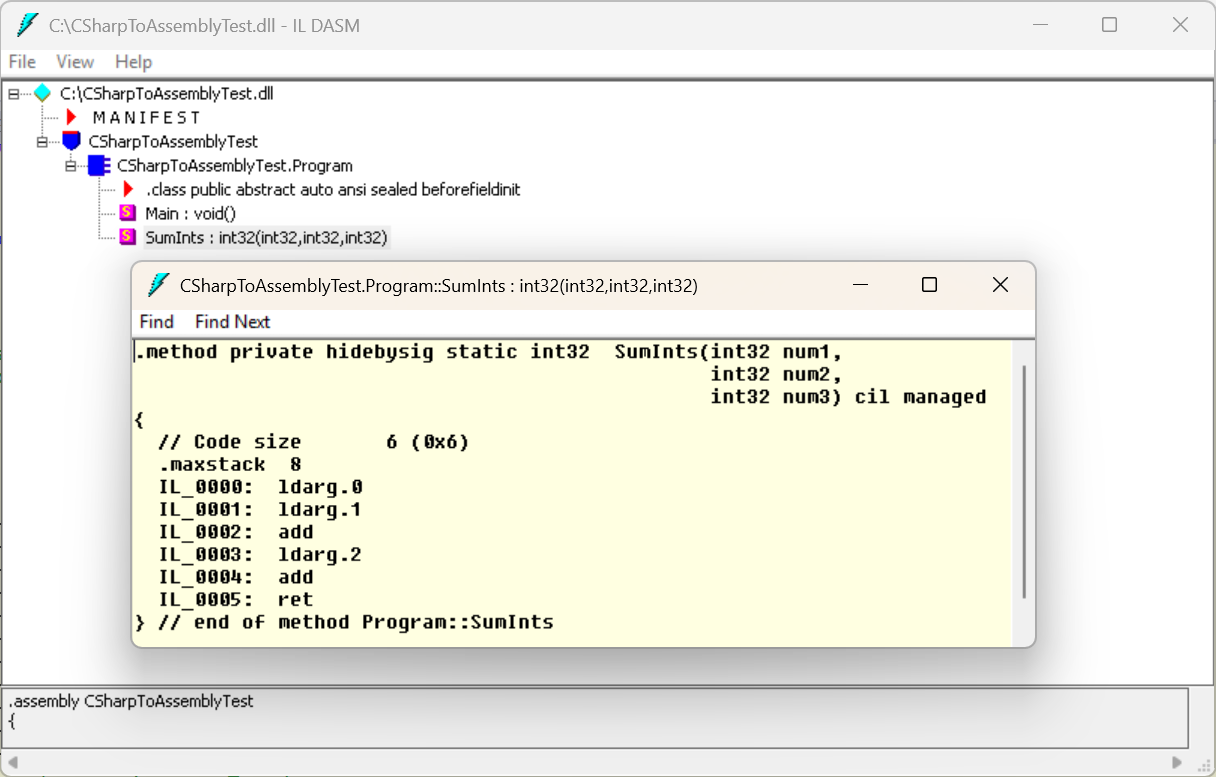 A screenshot of ildasm.exe showing IL for a method
